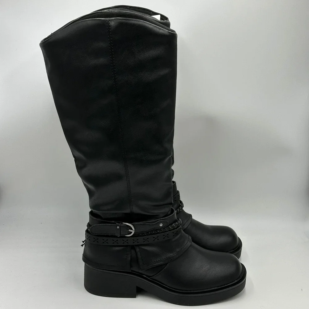 NIB Pop Freeway Black Faux Leather Tall Riding Biker Moto Boots Western Womens 6